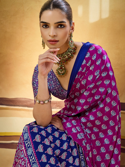 Grape Violet Printed Satin Silk Saree