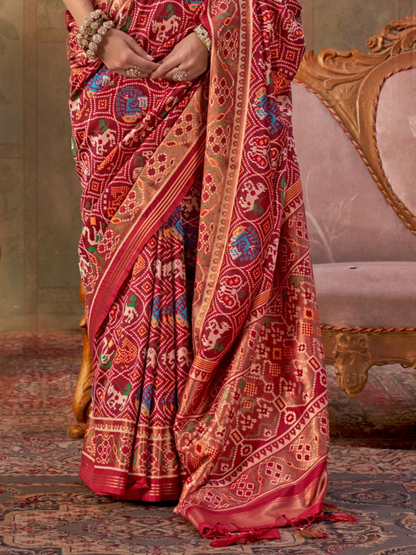 Crimson Red Printed Patola Silk Saree