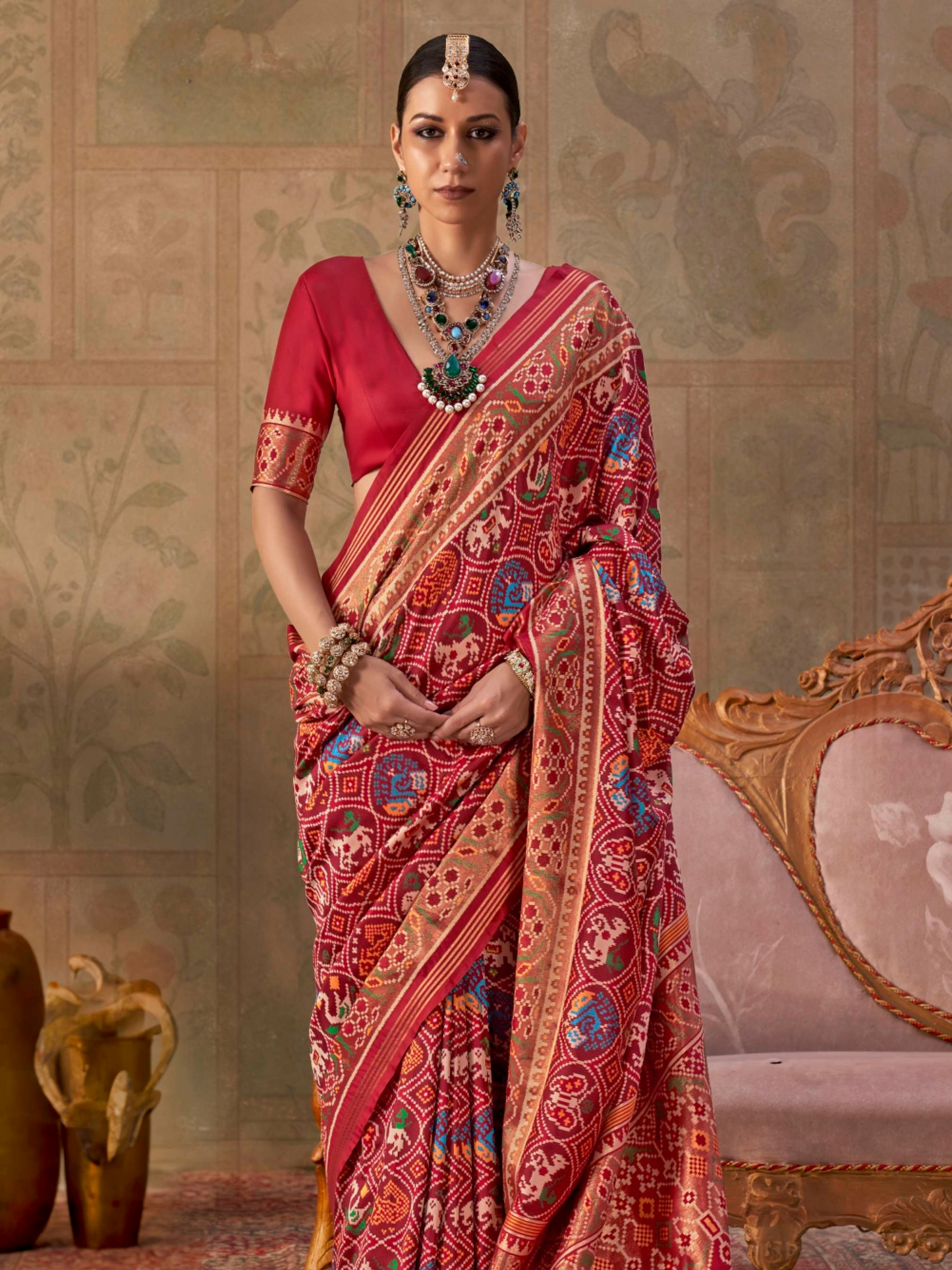 Crimson Red Printed Patola Silk Saree