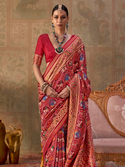 Crimson Red Printed Patola Silk Saree