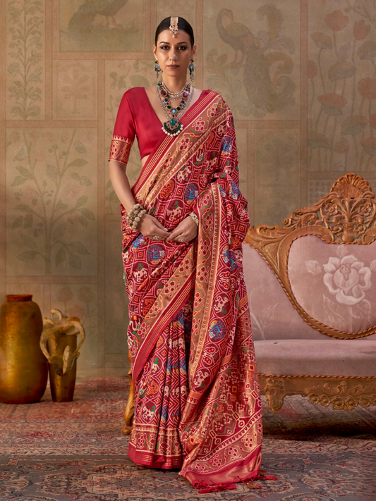 Crimson Red Printed Patola Silk Saree