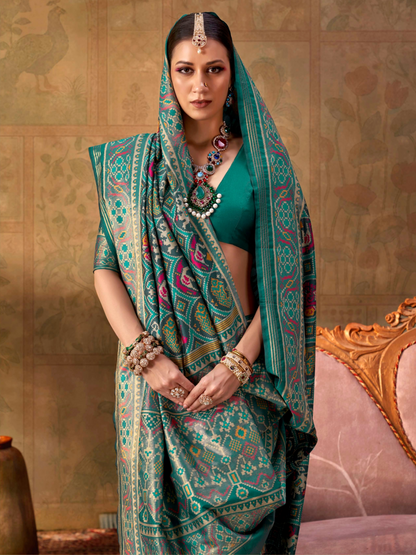Rama Green Printed Patola Silk Saree