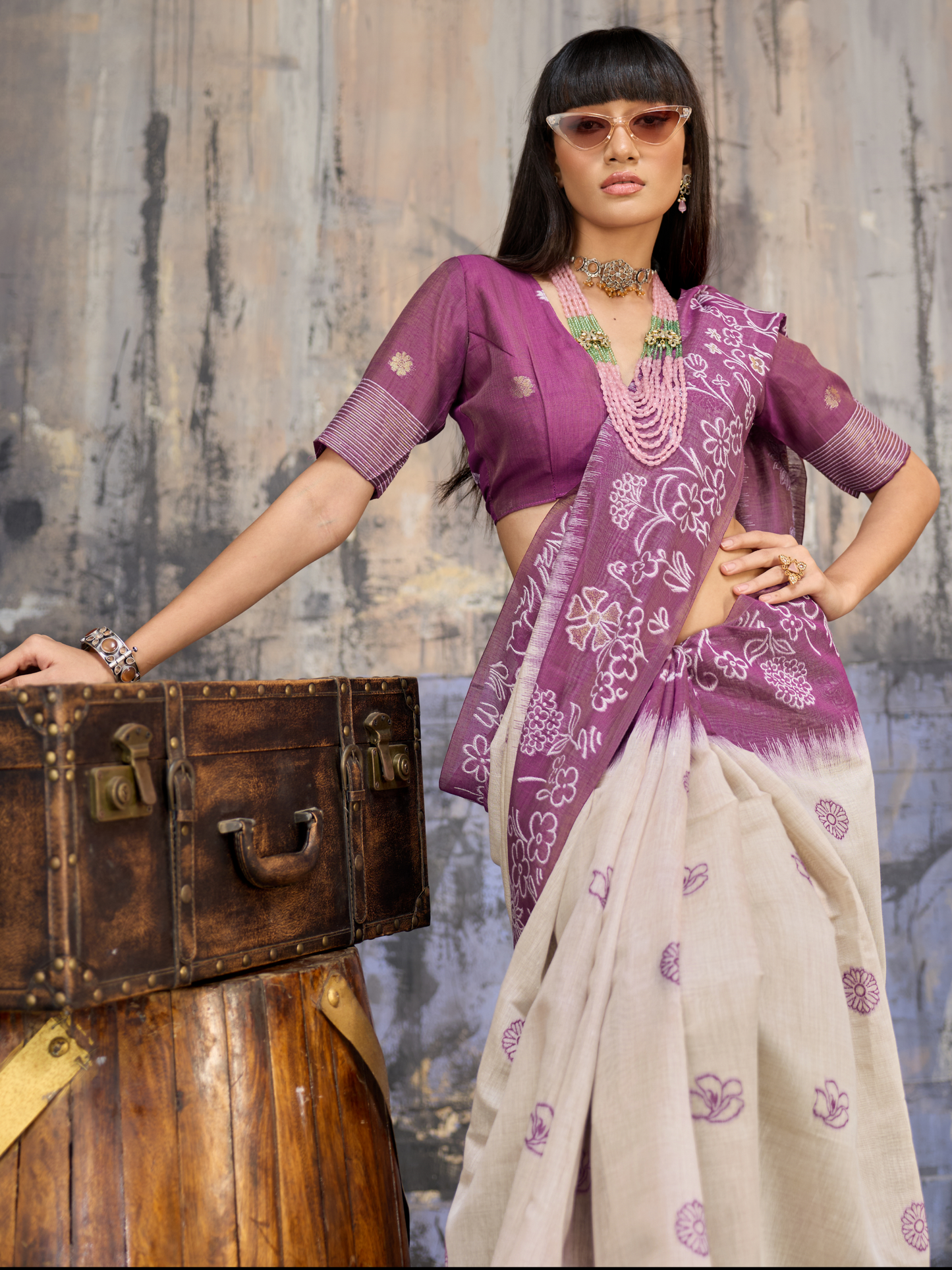 Plum Purple Printed Cotton Silk Saree