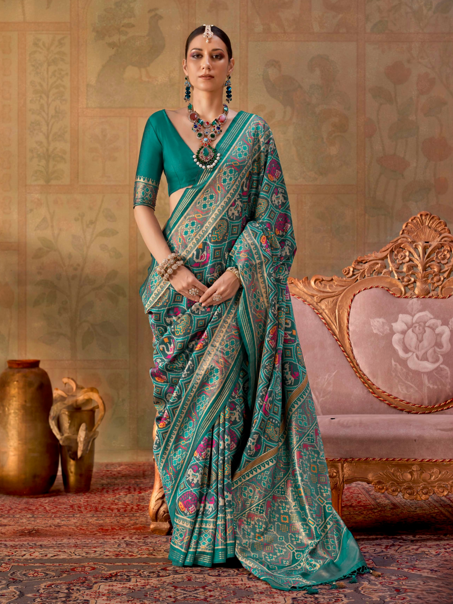 Rama Green Printed Patola Silk Saree