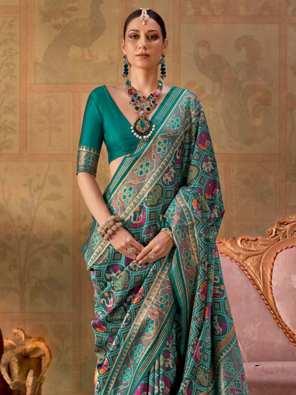 Rama Green Printed Patola Silk Saree