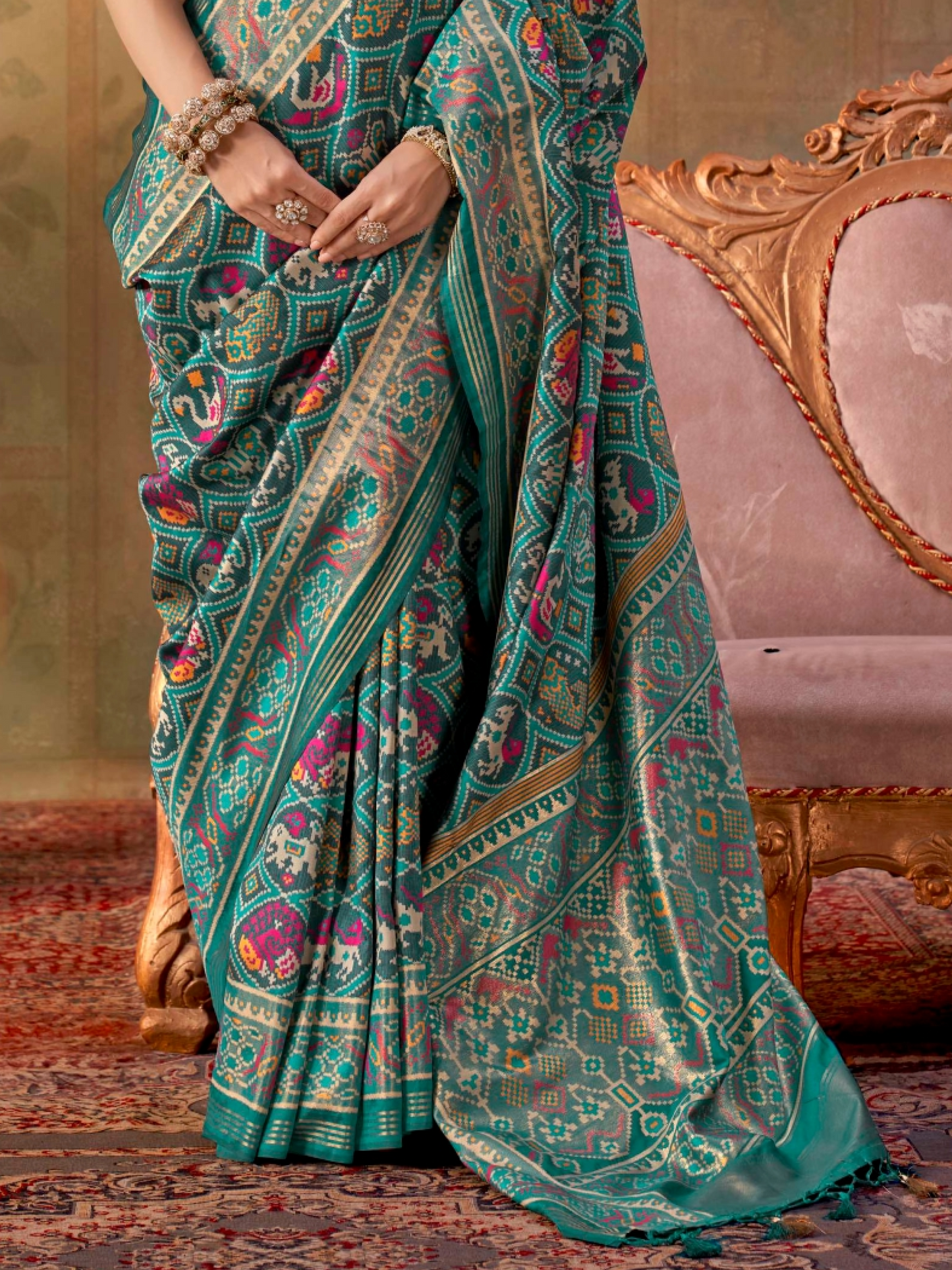 Rama Green Printed Patola Silk Saree