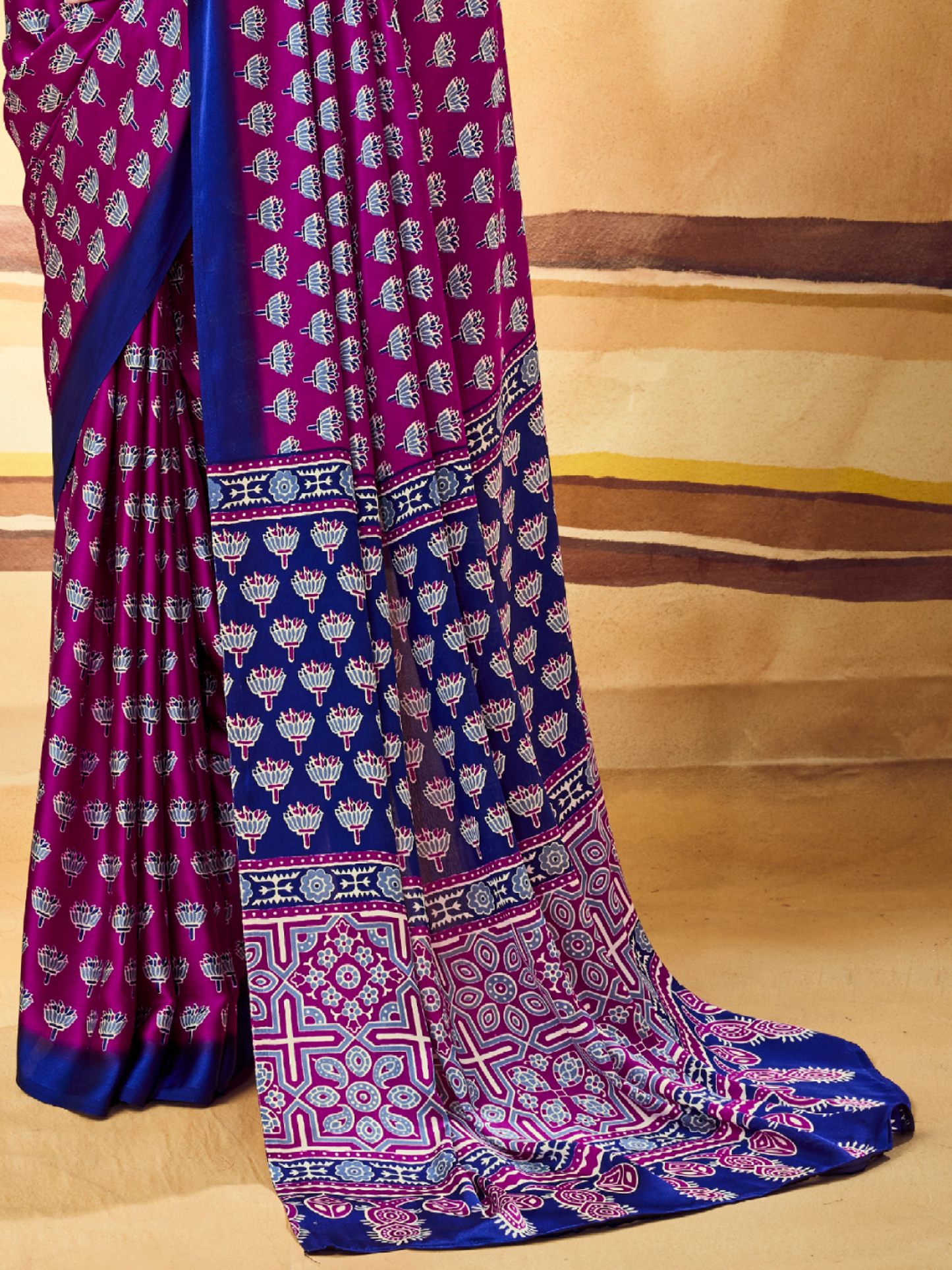 Grape Violet Printed Satin Silk Saree