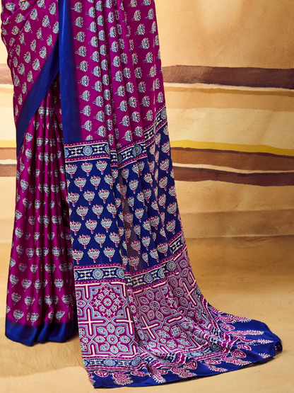 Grape Violet Printed Satin Silk Saree
