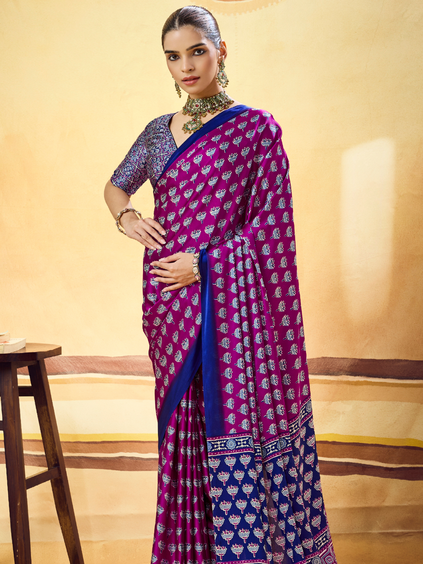 Grape Violet Printed Satin Silk Saree