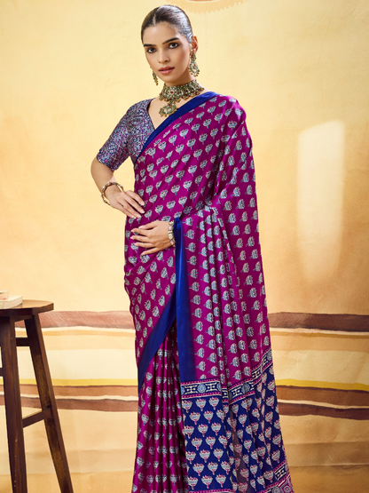 Grape Violet Printed Satin Silk Saree