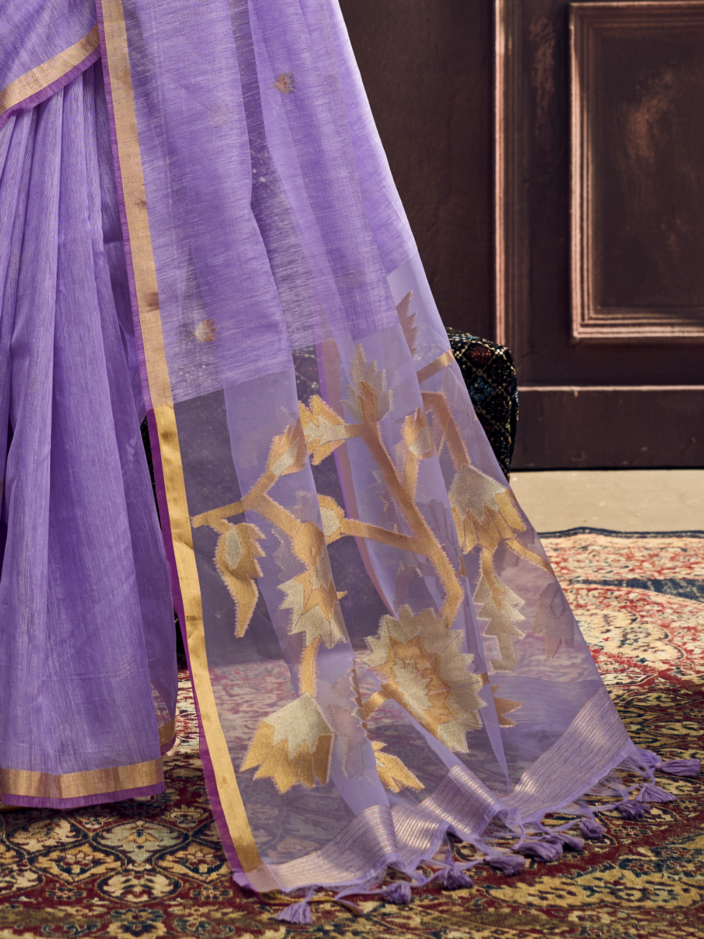 lavender color saree with golden border