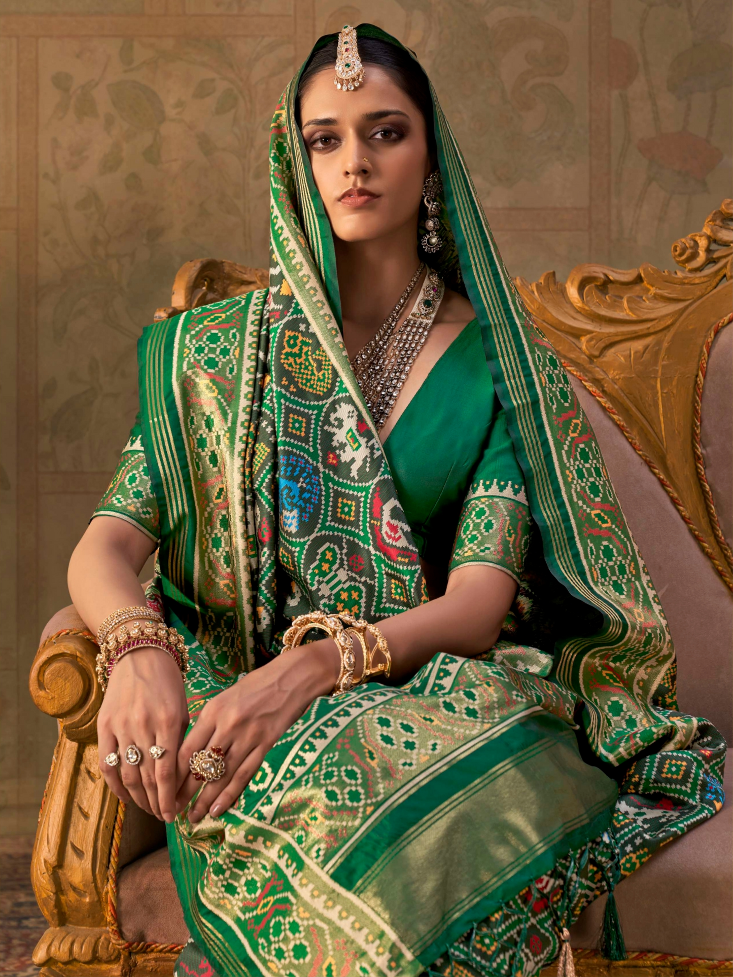 Cadmium Green Printed Patola Silk Saree