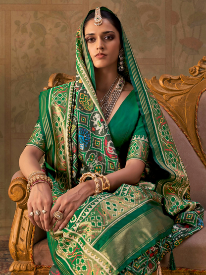 Cadmium Green Printed Patola Silk Saree