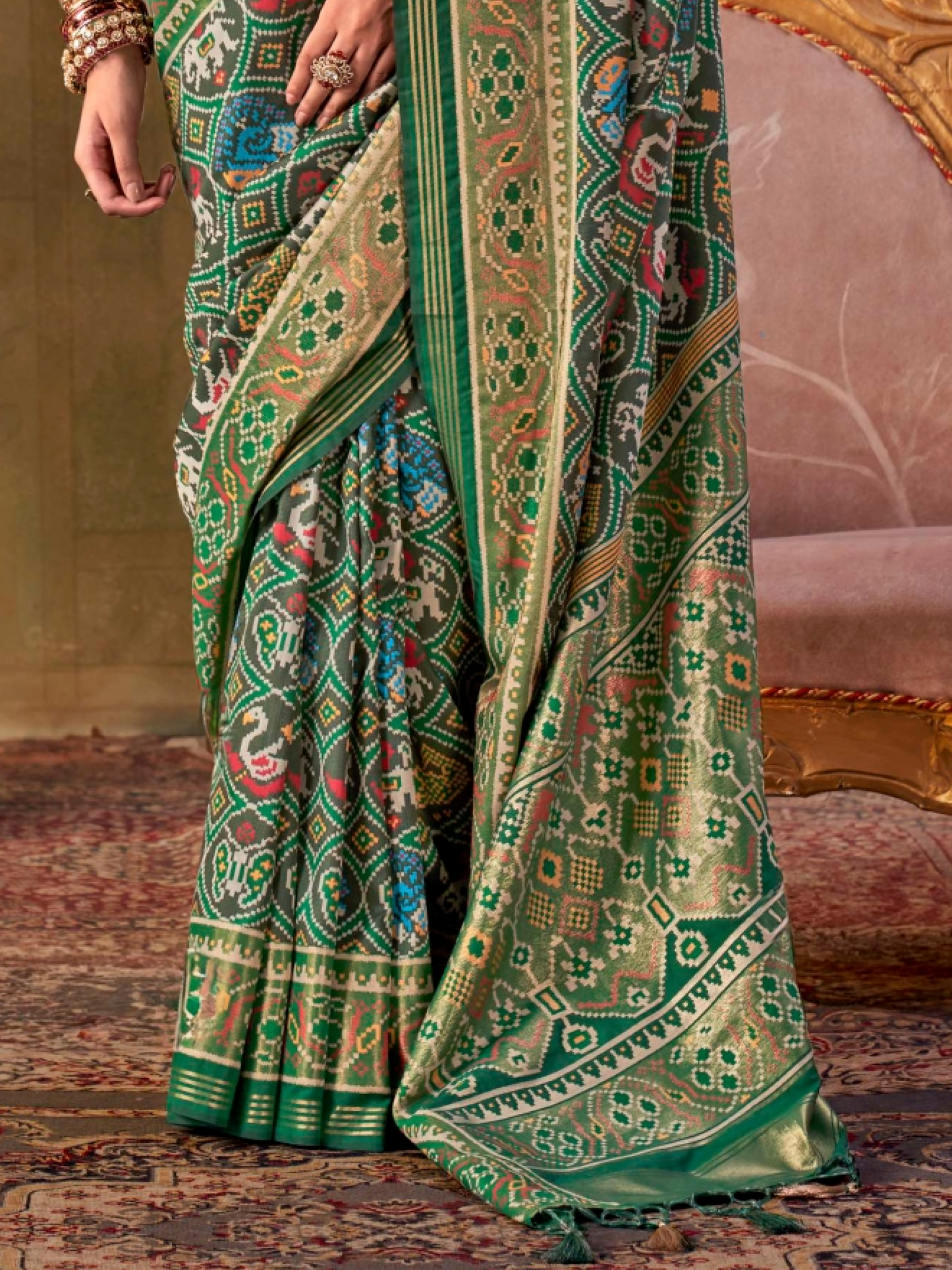 Cadmium Green Printed Patola Silk Saree
