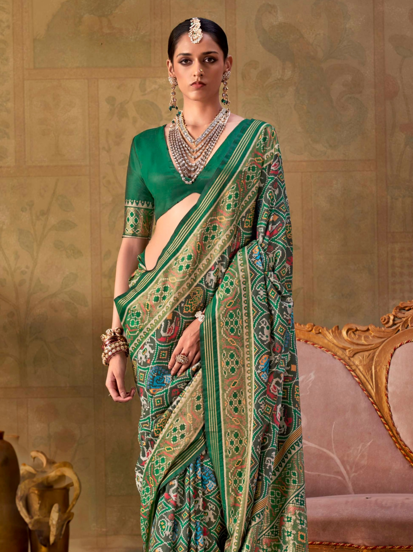 Cadmium Green Printed Patola Silk Saree
