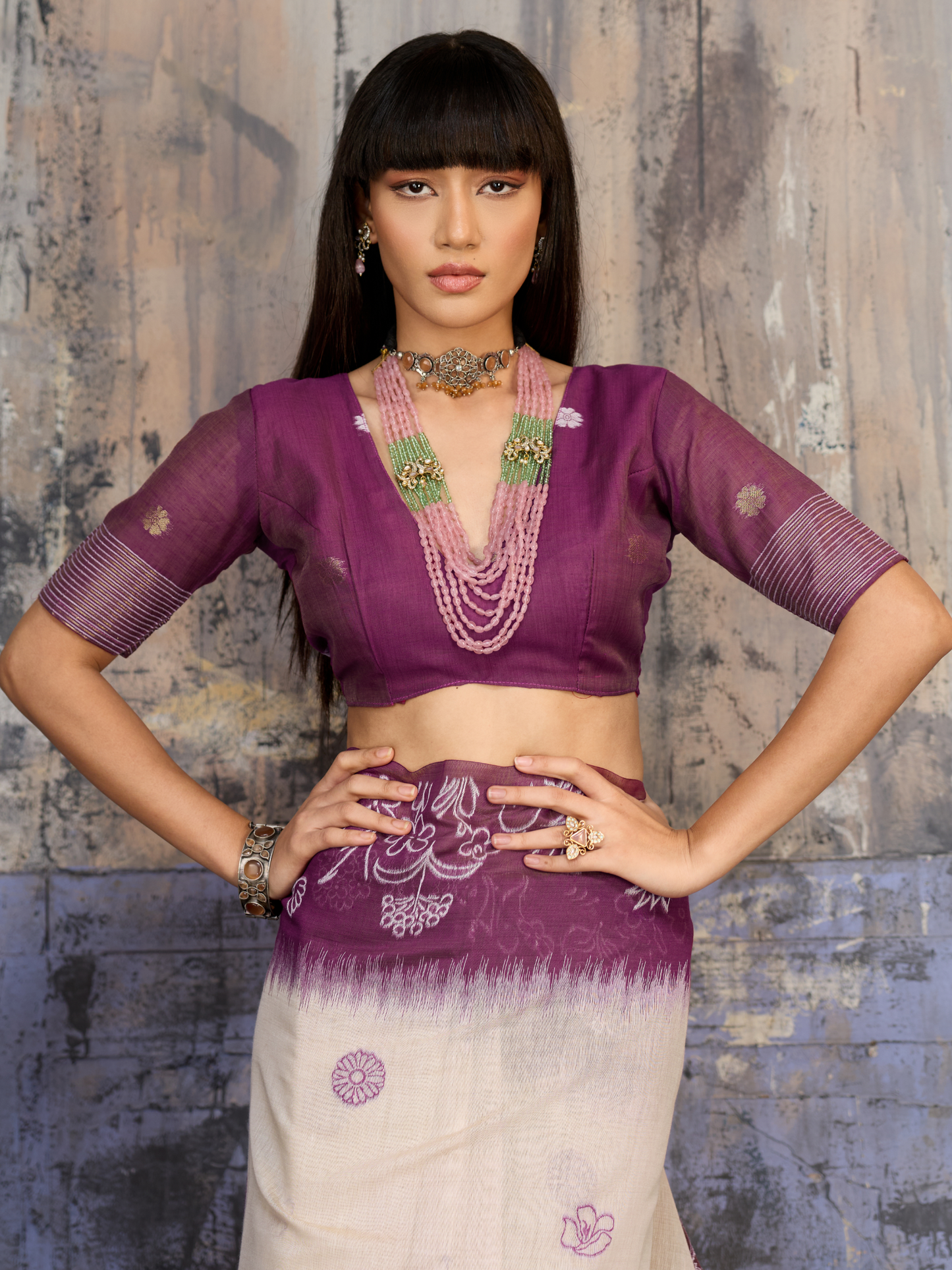 Plum Purple Printed Cotton Silk Saree