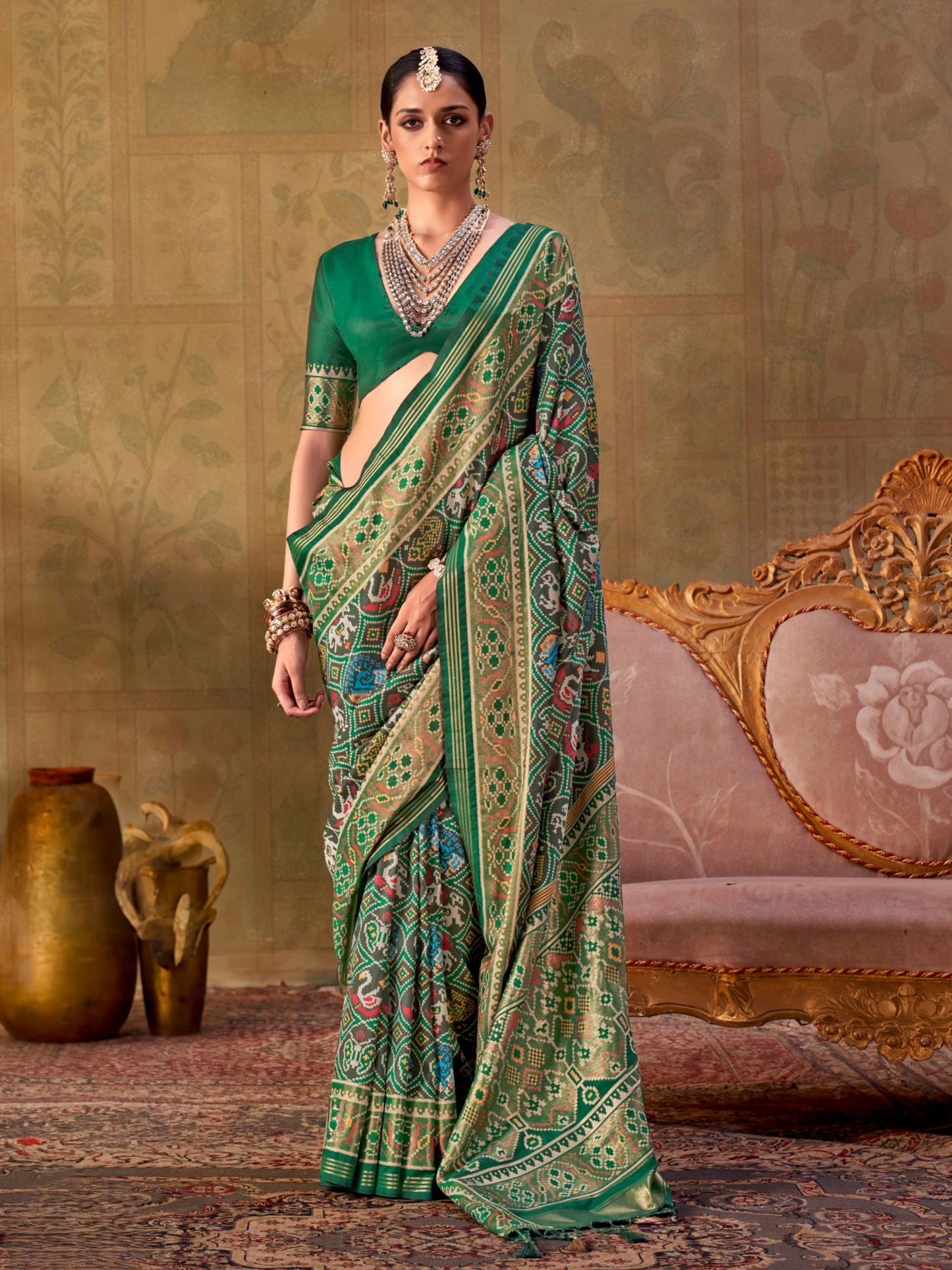 Cadmium Green Printed Patola Silk Saree