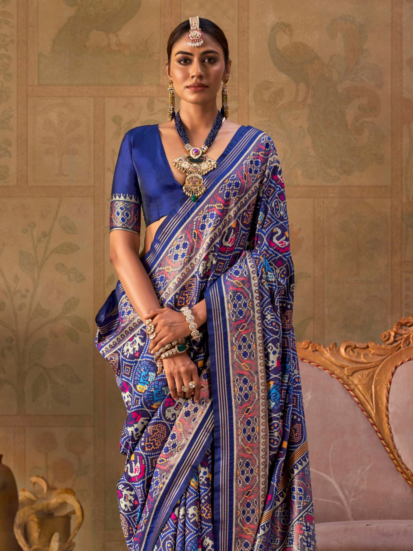 Blueberry Blue Printed Patola Silk Saree