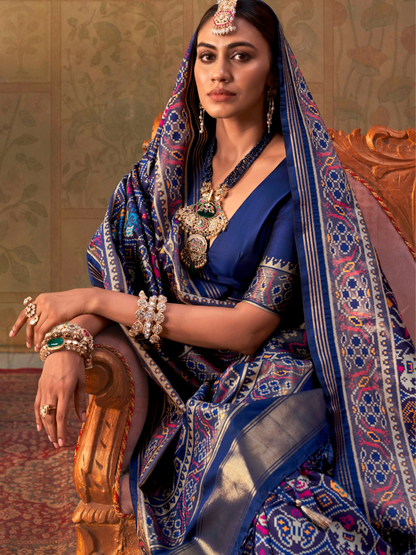Blueberry Blue Printed Patola Silk Saree