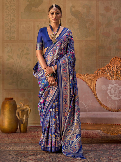 Blueberry Blue Printed Patola Silk Saree