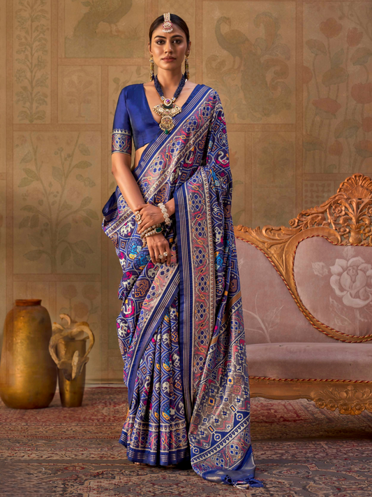 Blueberry Blue Printed Patola Silk Saree