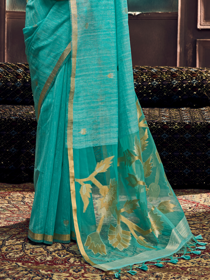 sky blue saree with golden border and pallu