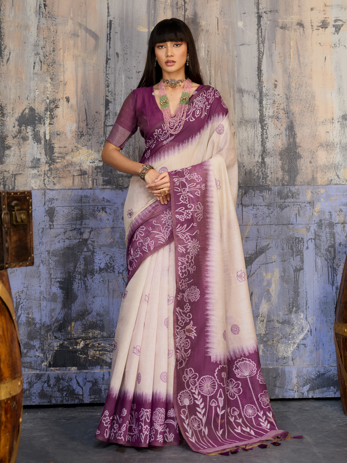 Plum Purple Printed Cotton Silk Saree