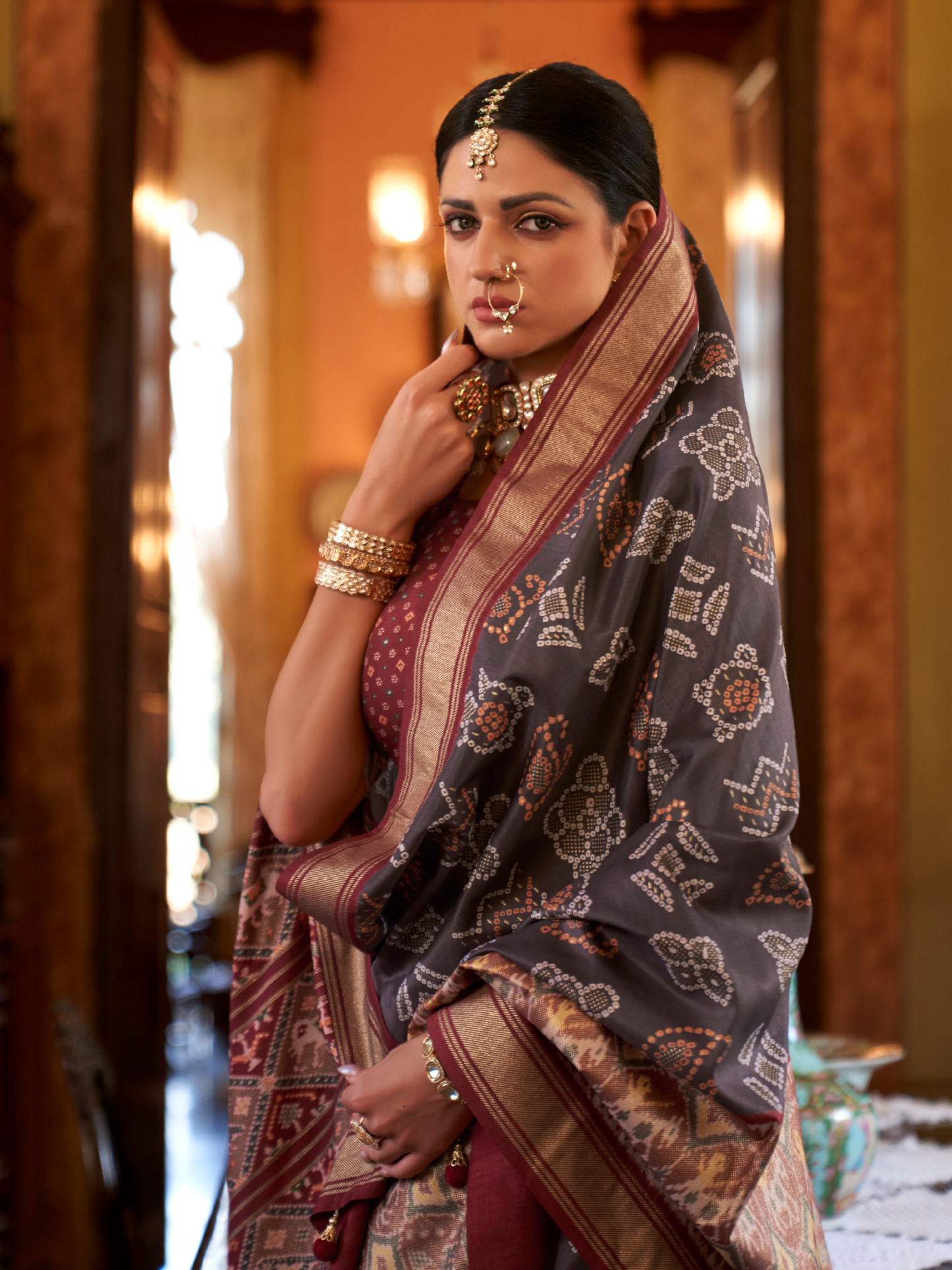 Ash Gray Woven Patola Tussar Silk Saree