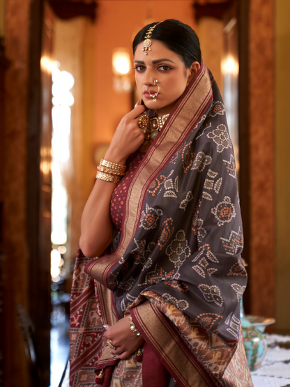 Ash Gray Woven Patola Tussar Silk Saree