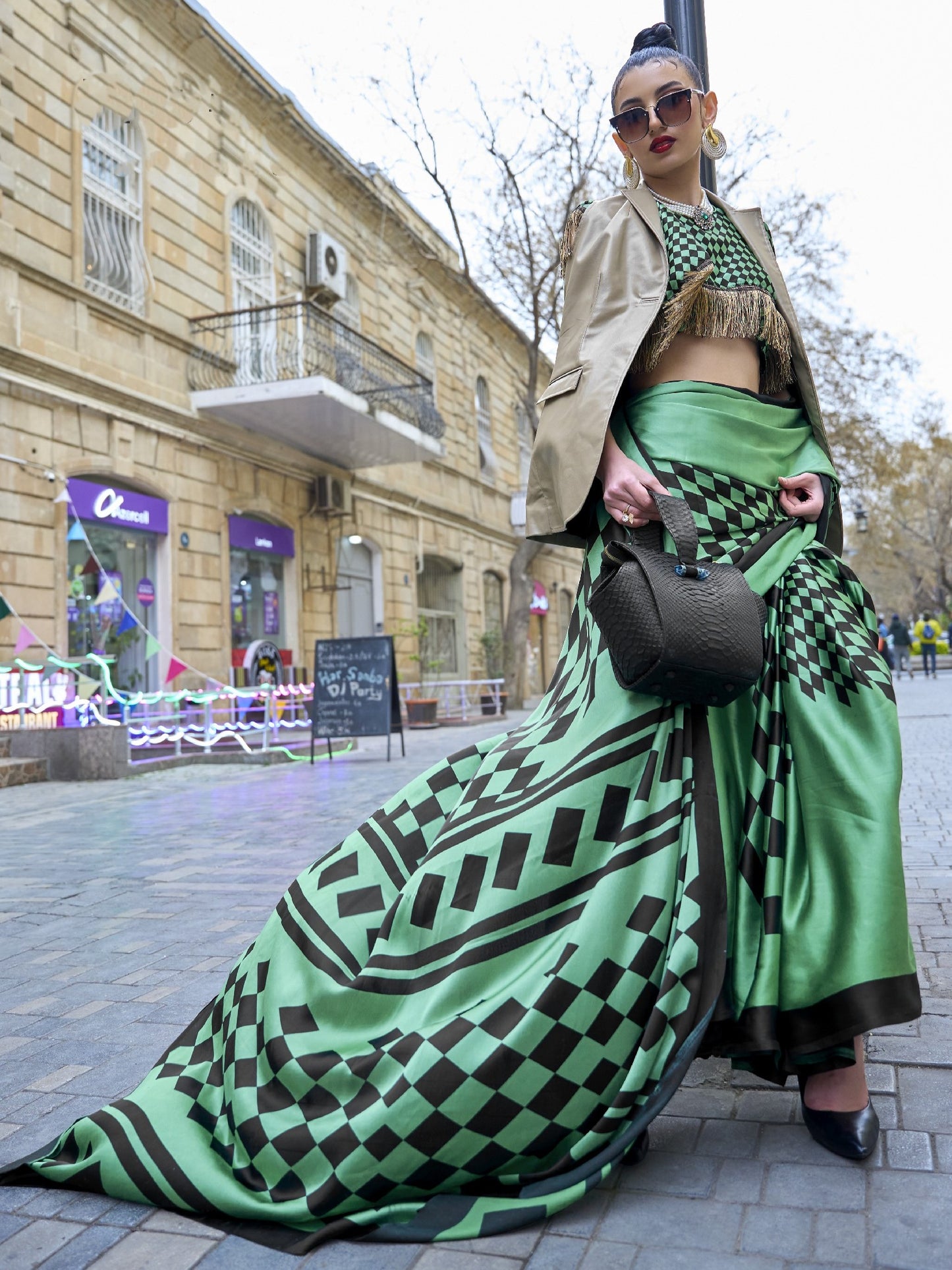 Jade Green Satin Crepe Print Saree