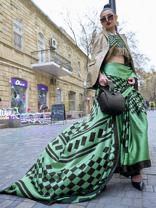 Jade Green Satin Crepe Print Saree