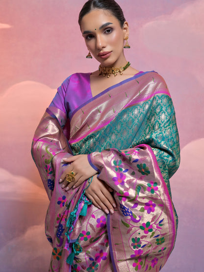 Rama Green Woven Paithani Silk Saree