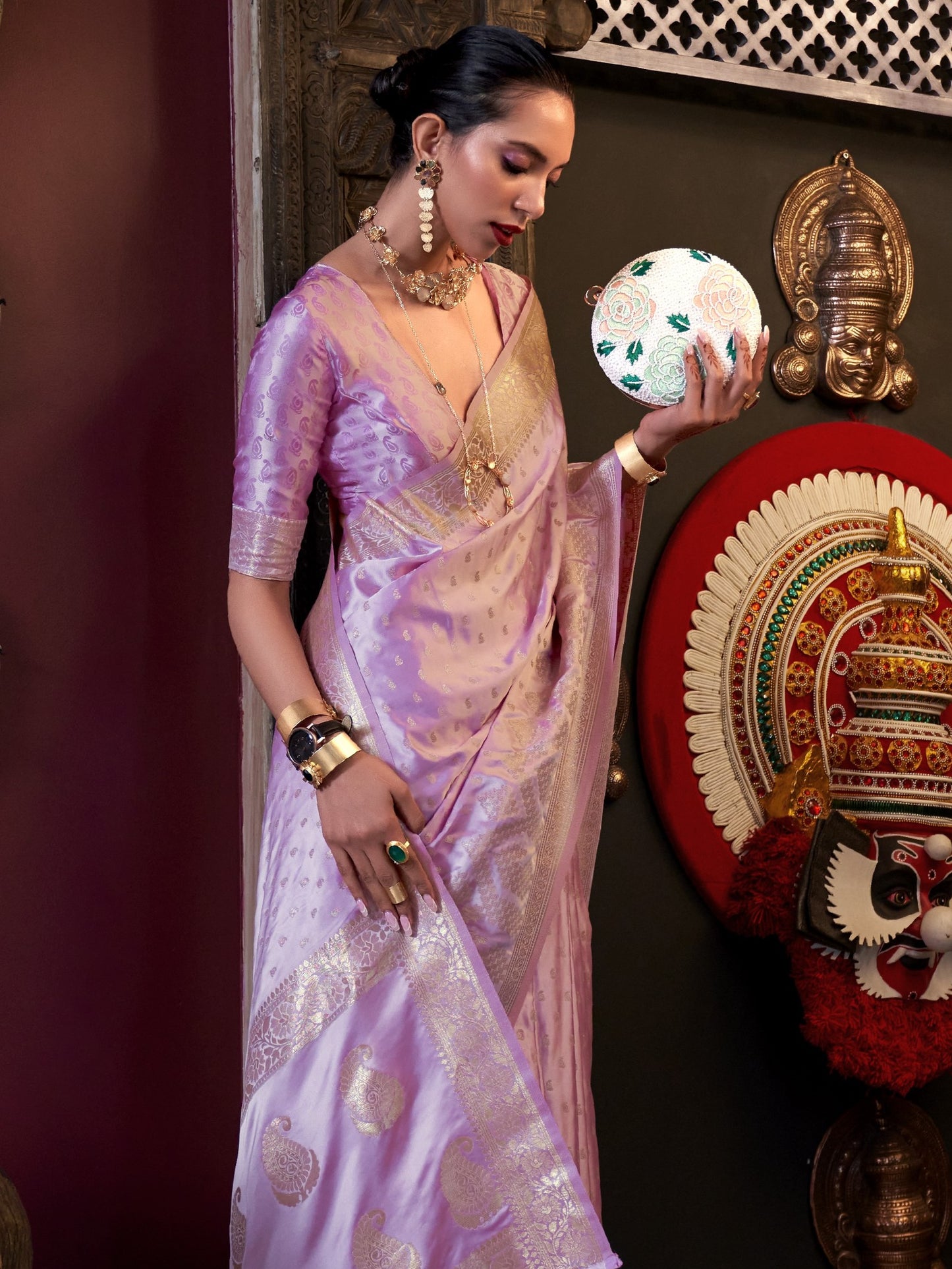 Light Lavender Woven Banarasi Satin Silk Saree
