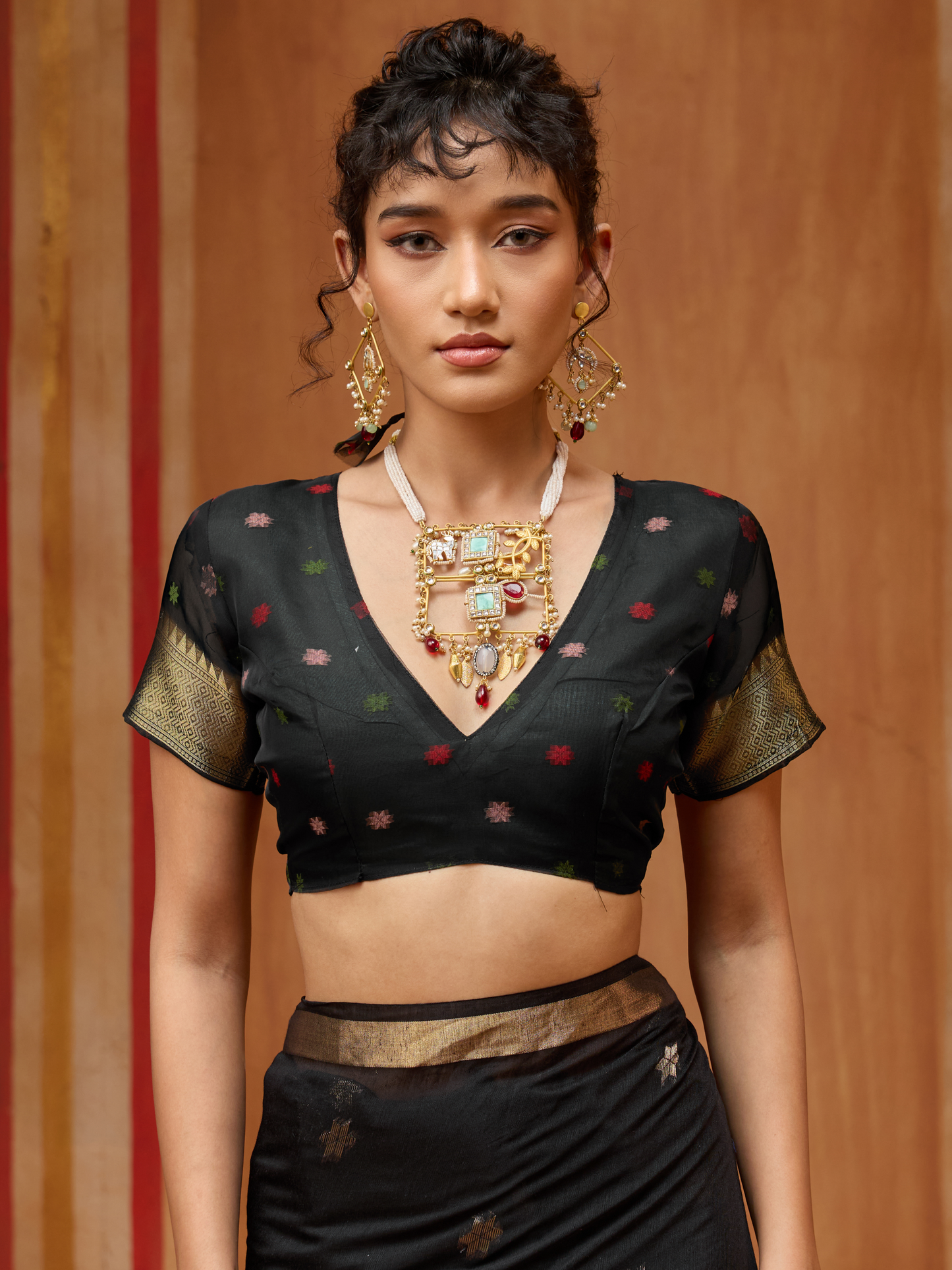 Coal Black Spun Cotton Weaving Saree