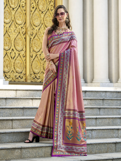 Golden Pink Banarasi Tissue Silk Saree