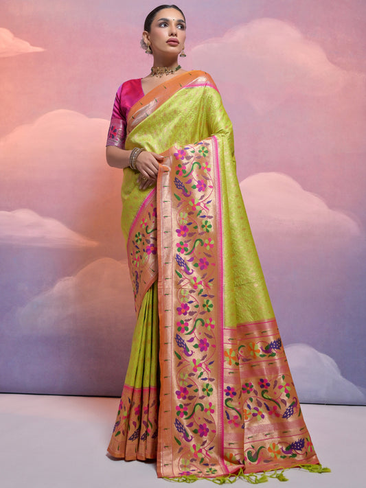 Lime Green Woven Paithani Silk Saree
