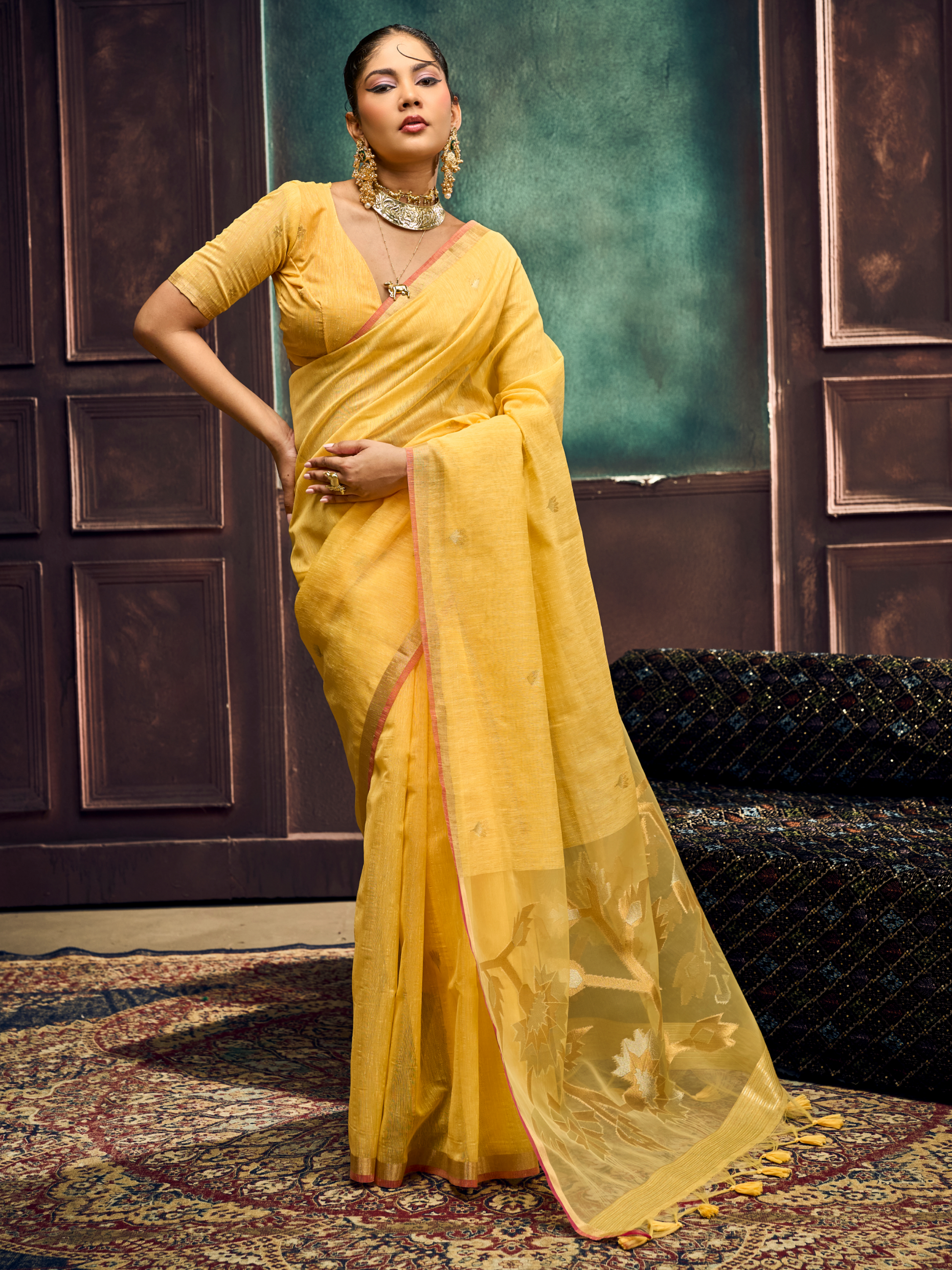 yellow munga cotton saree