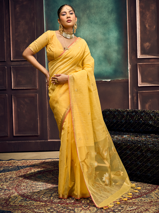 yellow munga cotton saree