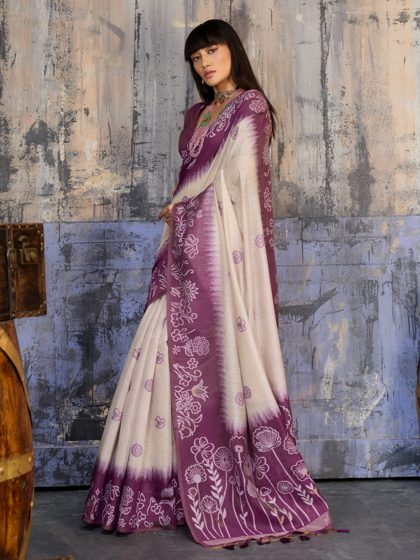 Plum Purple Printed Cotton Silk Saree