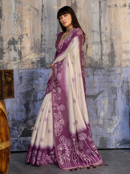 Plum Purple Printed Cotton Silk Saree
