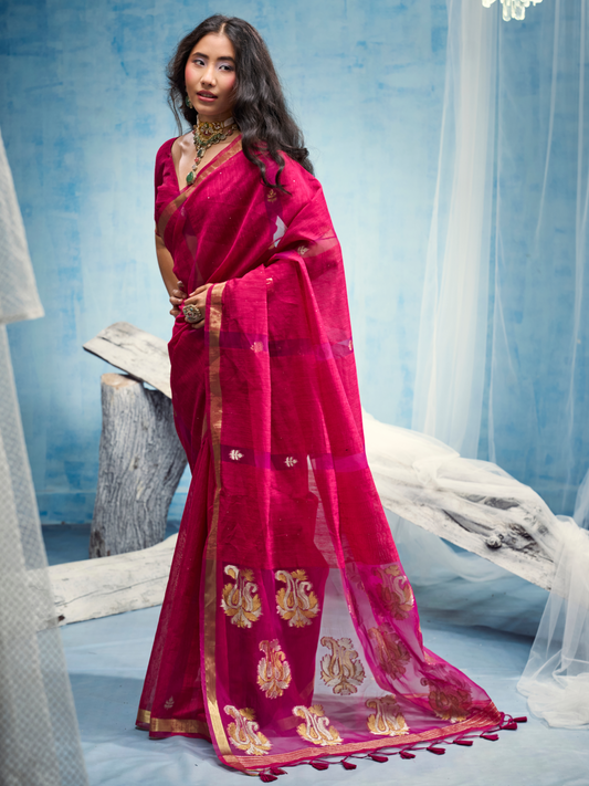 Magenta Pink Munga Silk Handloom Saree