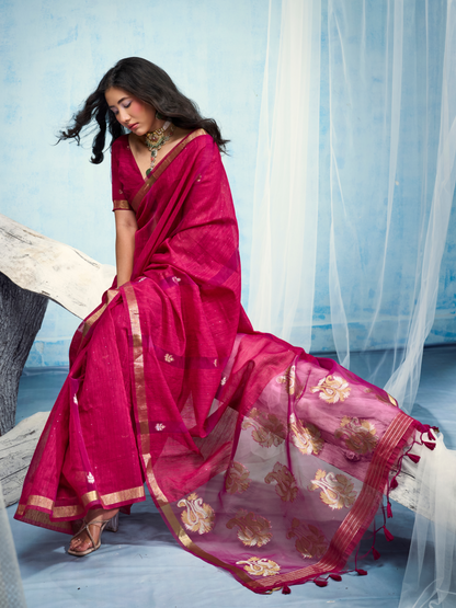 Magenta Pink Munga Silk Handloom Saree