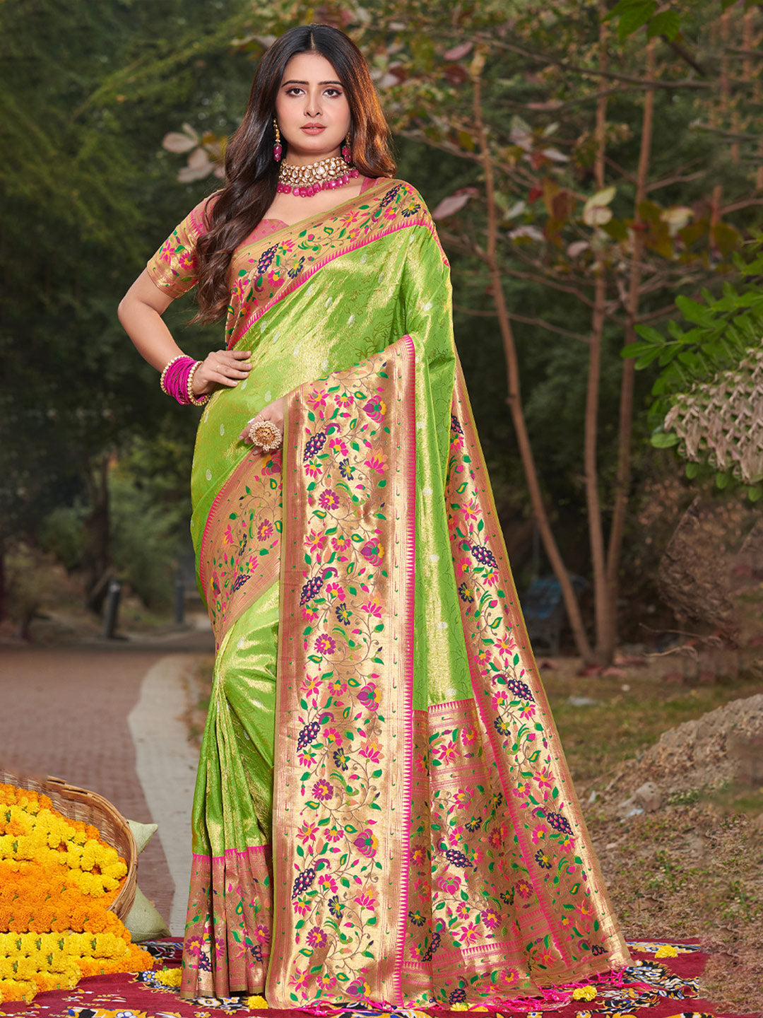 Parrot Green Paithani Saree