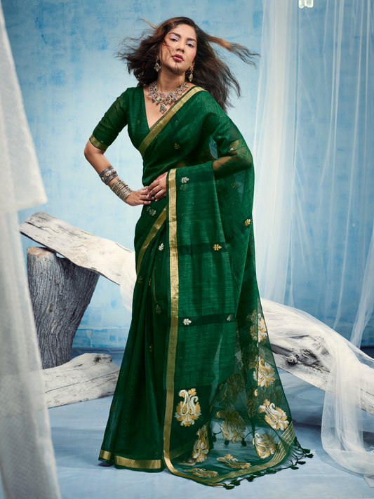Deep Green Munga Silk Handloom Saree
