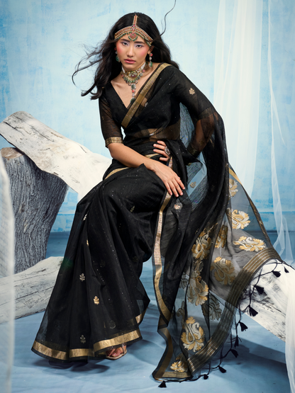 Carbon Black Munga Silk Handloom Saree
