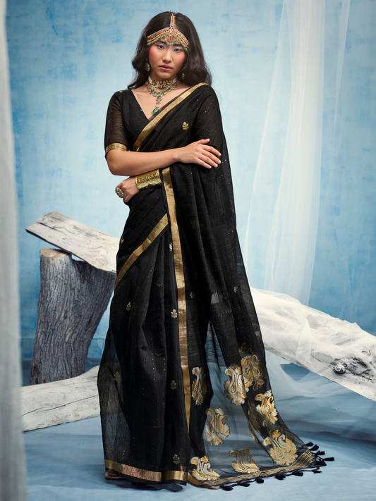 Carbon Black Munga Silk Handloom Saree