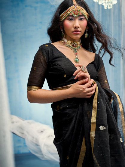 Carbon Black Munga Silk Handloom Saree