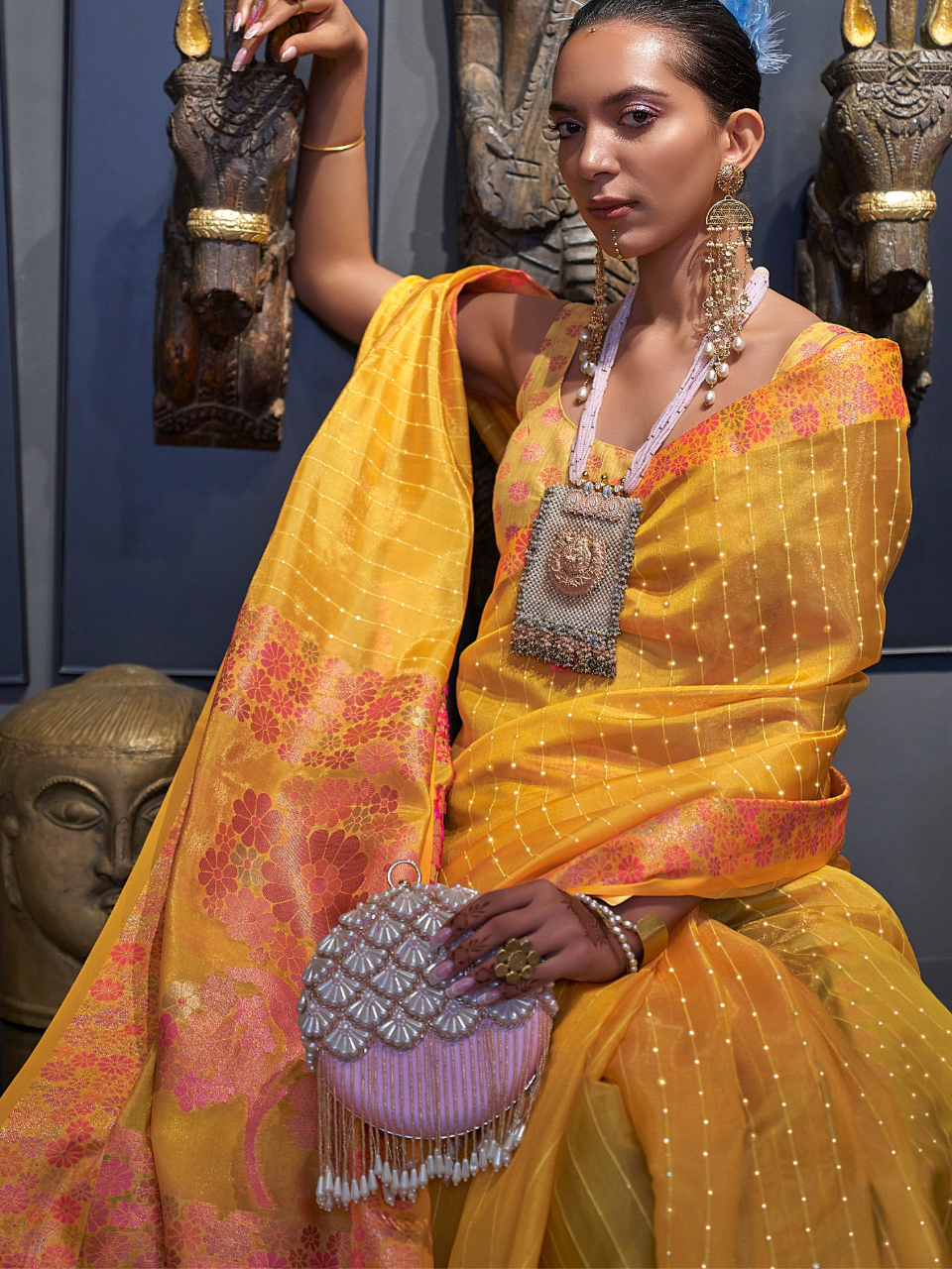 yellow organza saree