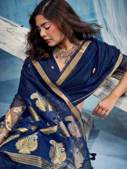 Oxford Blue Munga Silk Handloom Saree