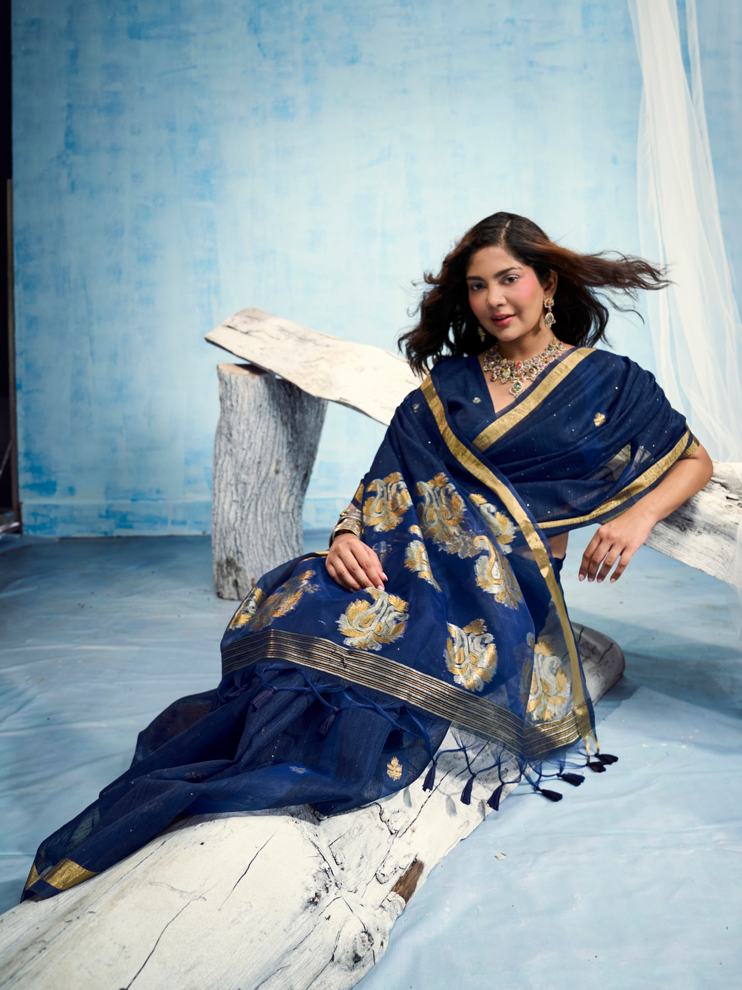 Oxford Blue Munga Silk Handloom Saree